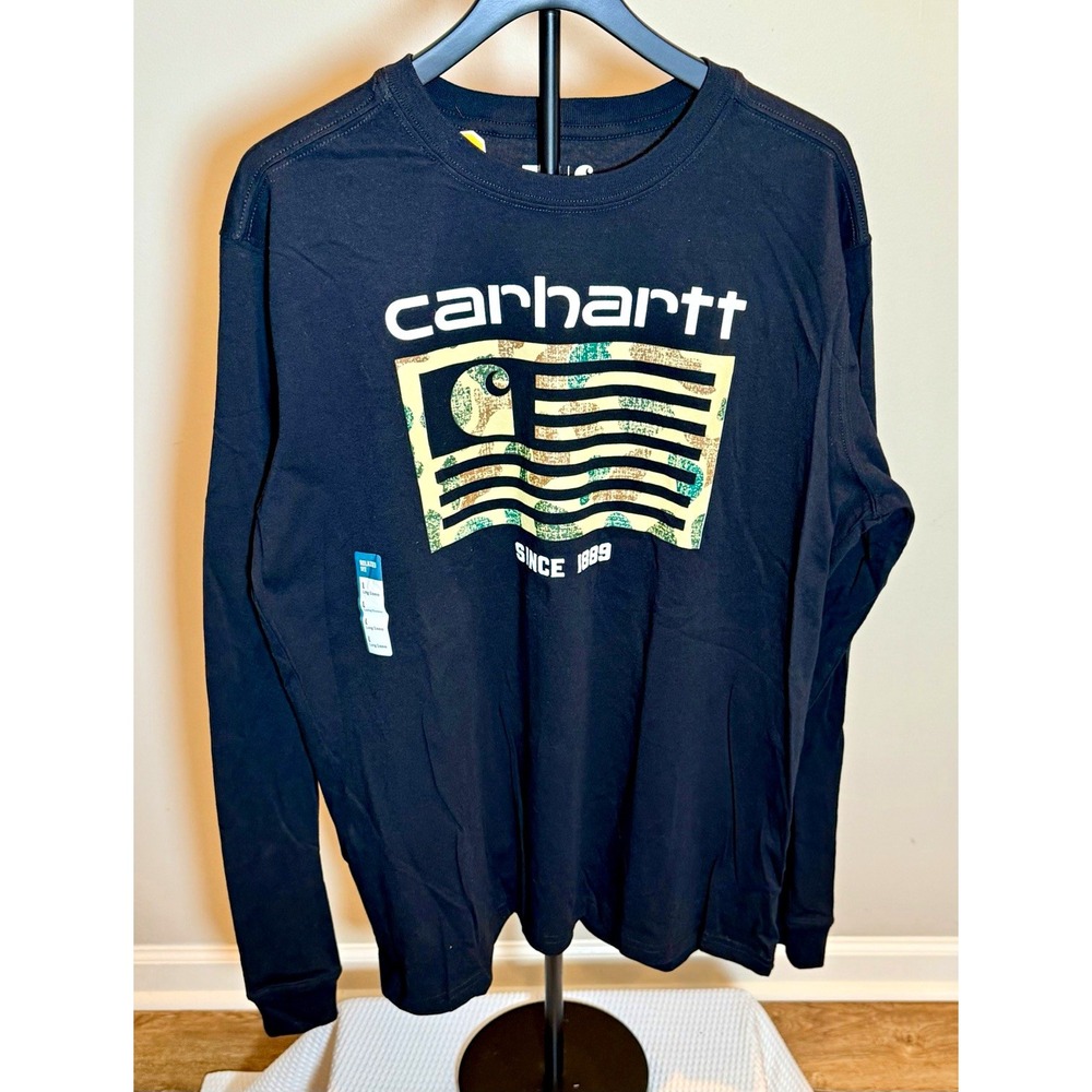 Carhartt Mens Relaxed Fit LS Camo Flag Logo Graphic Tee TK5429-M L Black